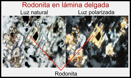 Rodonita en lámina delgada, propiedades ópticas